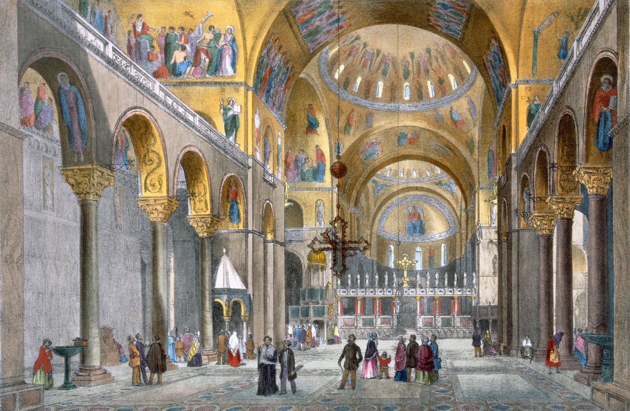Interiör av San Marco-basilikan, med utsikt mot kupolen, från Views of Venice av Cecchini, Pividor och Viola, c.1850 (handfärgad litho) av Italian School