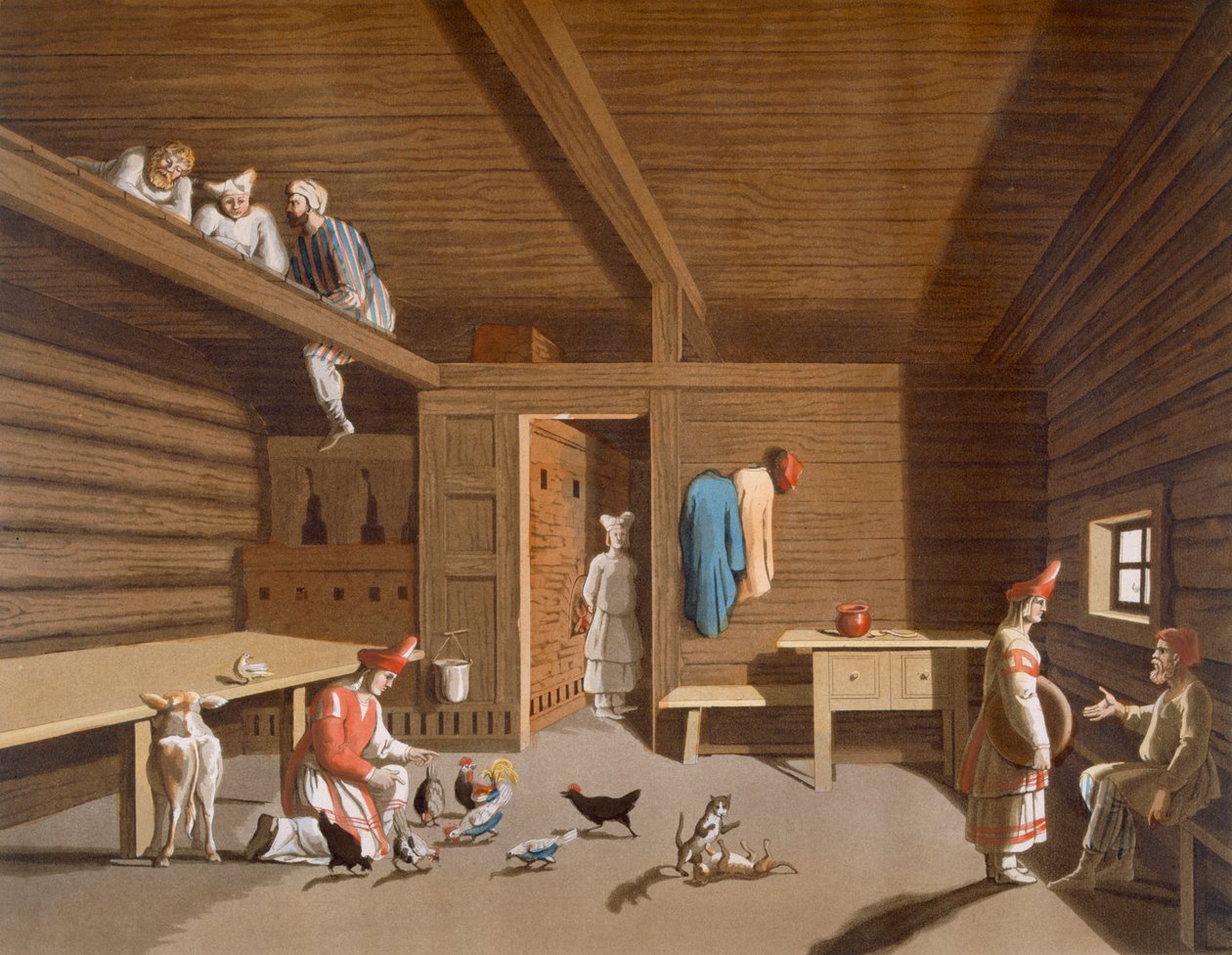 Interiör i ett ryskt bondehem, ca 1820-30-talet av Italian School