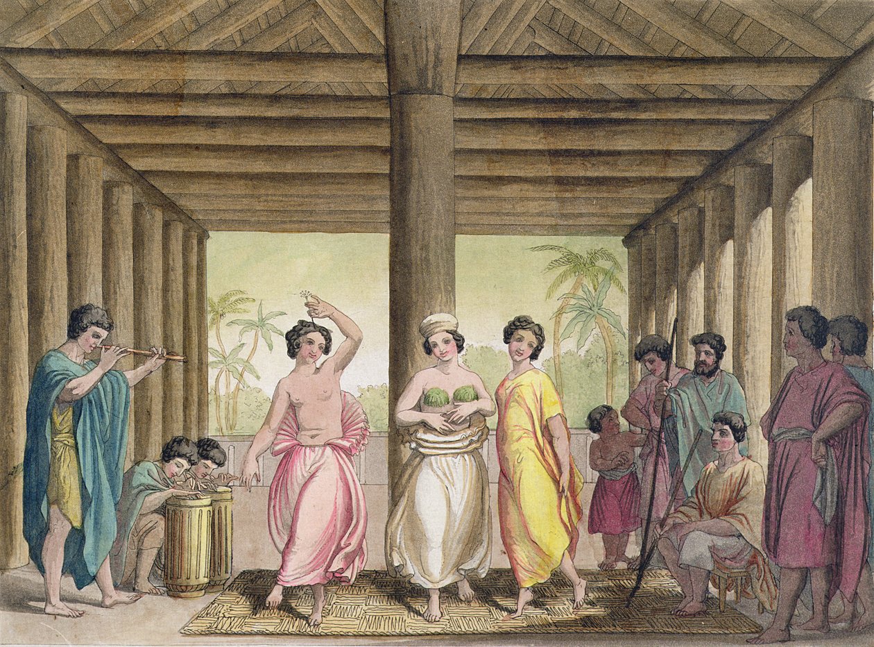 Interiör av ett tahitiskt hus med dansande flickor, illustration från en samling reseböcker från början av 1800-talet av Italian School