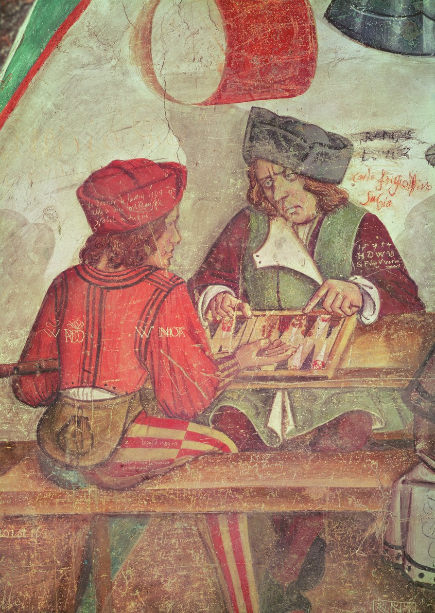 Interiör av ett värdshus, detalj av backgammonspelare (fresk) av Italian School