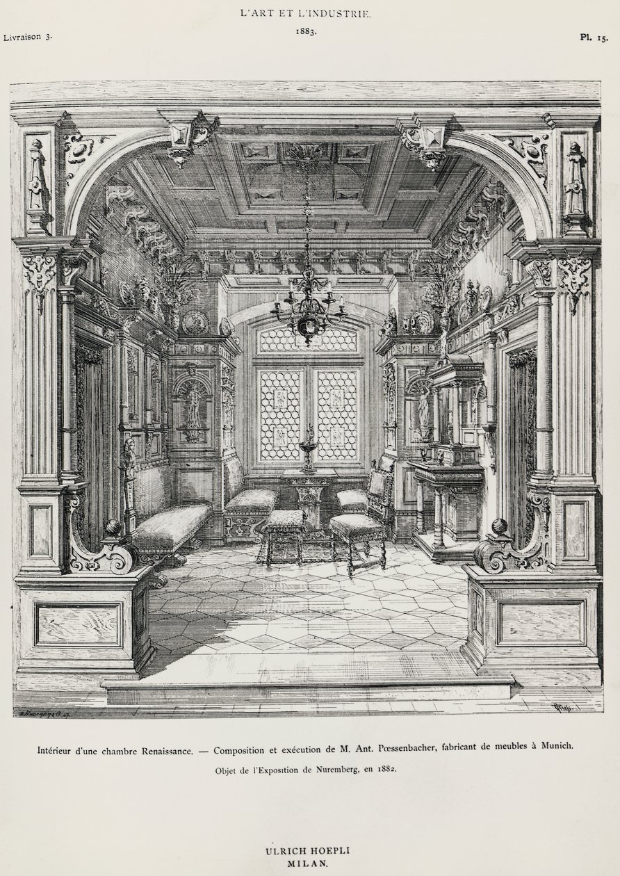 Interiör i sovrum i neorenaissance-stil av Possenbacher, Monaco, illustration från L