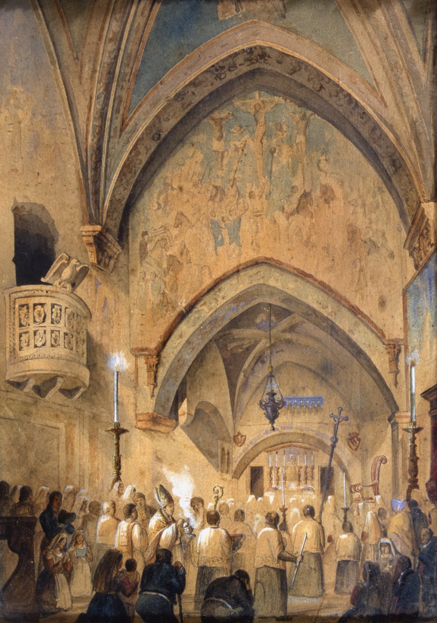 Interiör av Sacro Speco, Subiaco, Italien (wc på papper) av Italian School