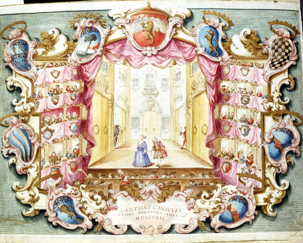 Interiör av Theatre de la Sala i Bologna 1722. Tryck av perioden. Statsarkivet, Bologna. av Italian School