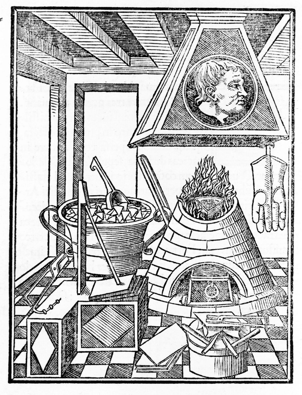 Interiörvy av en metallurgiverkstad Gravyr från "Voarchadumia contra alchimiam ars distincta ab archimia et sophia.." av Giovanni Agostino Pantheo (1517-1535) av Italian School