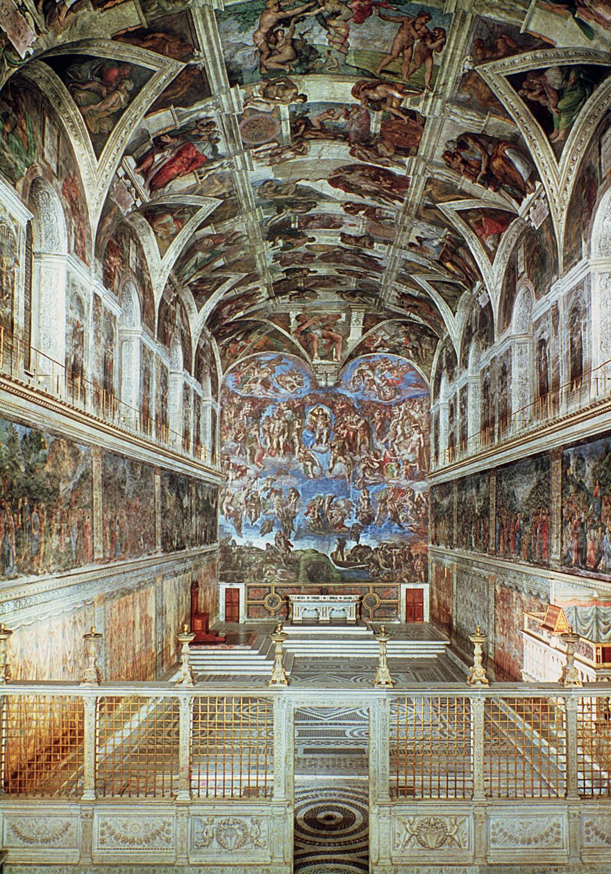 Interiörvy av Sixtinska kapellet (förrestaurering) av Italian School