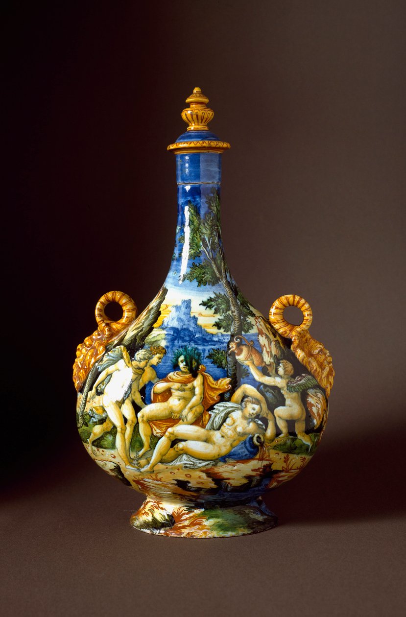 Io et Juno Keramikkaraff tillverkad i Urbino i verkstaden Fontana, Italien. 1500-talets Florens, Museo Nazionale del Bargello - Io och Juno. Keramikkanna från Fontana verkstad, Urbino. 1500-talet. Nationalmuseet i Bargello, Florens, Italien av Italian School