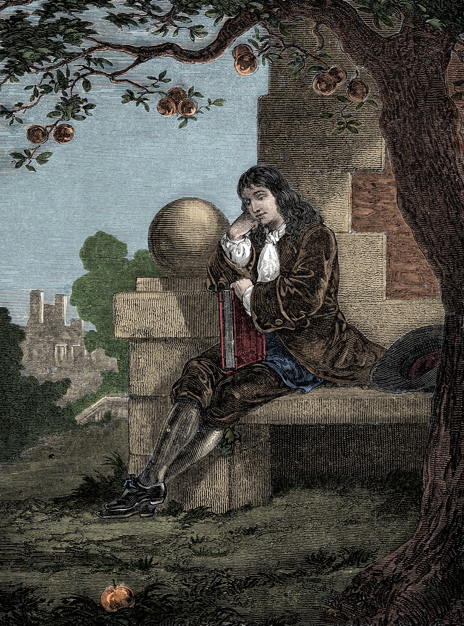 Isaac Newton ser ett äpple falla till marken medan han sitter under ett träd av Italian School