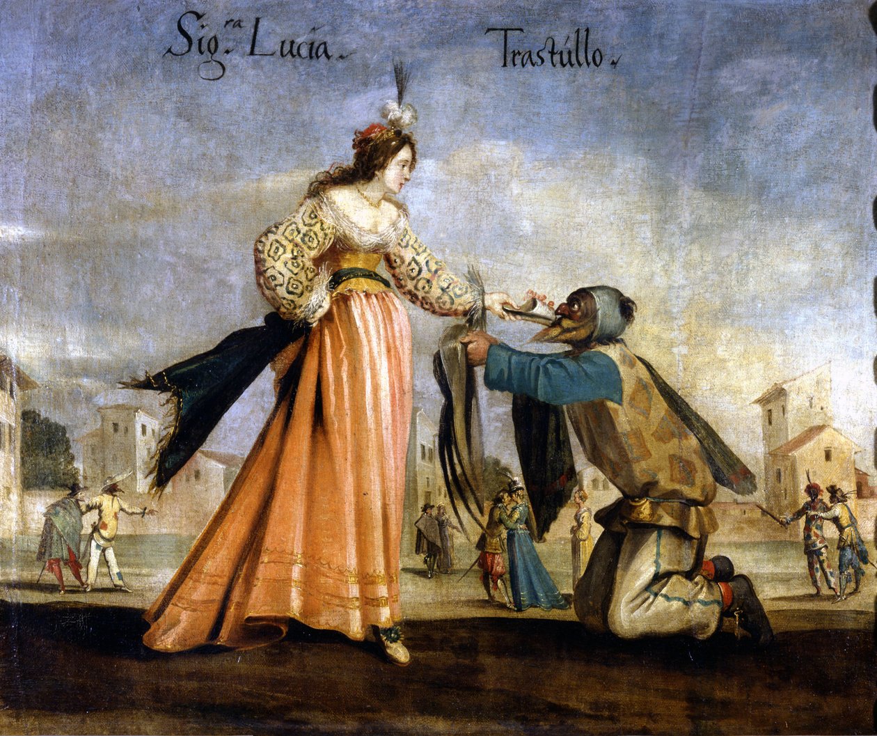 Italienska masker. Målning av Bolognaskolan på 1600-talet: Madame Lucia och Trastullo. Museo Scala Milan av Italian School