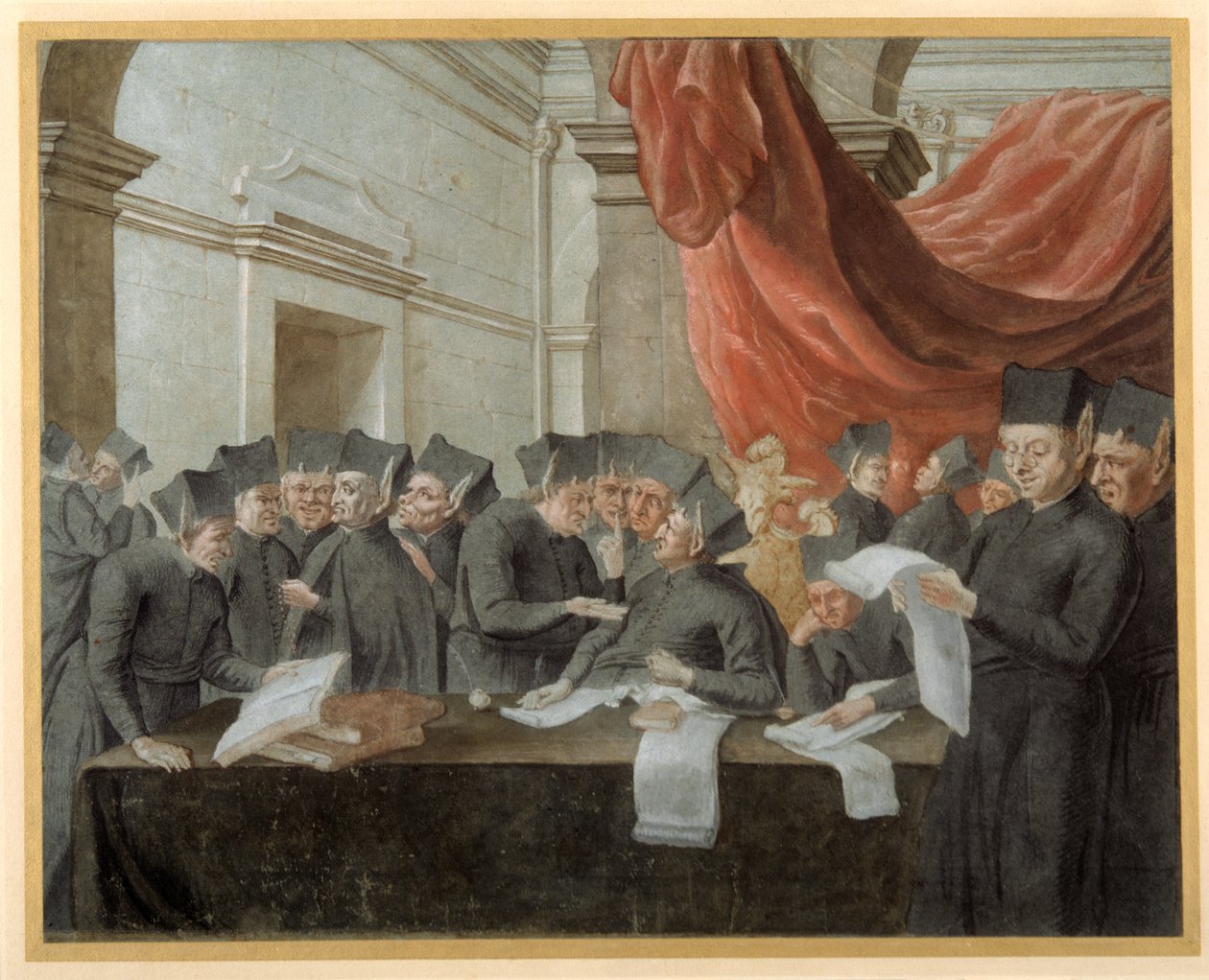 Jesuiter i konklaven, bråkar om konton (penna och bläck med akvarell på papper) av Italian School