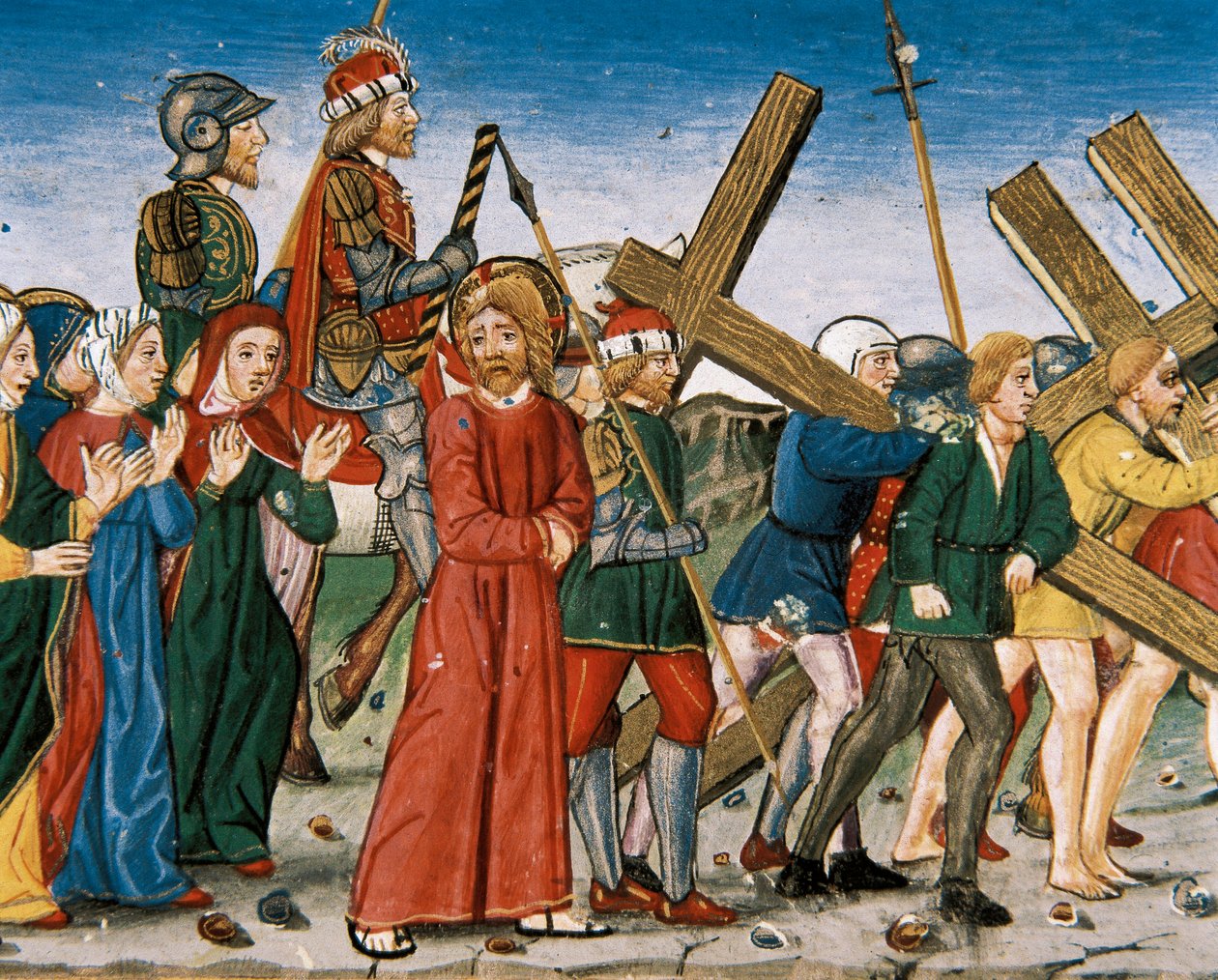 Jesus leder till Golgata och de heliga kvinnorna på vägen. Manuskript av Cristobal de Predis (1440-1486) av Italian School