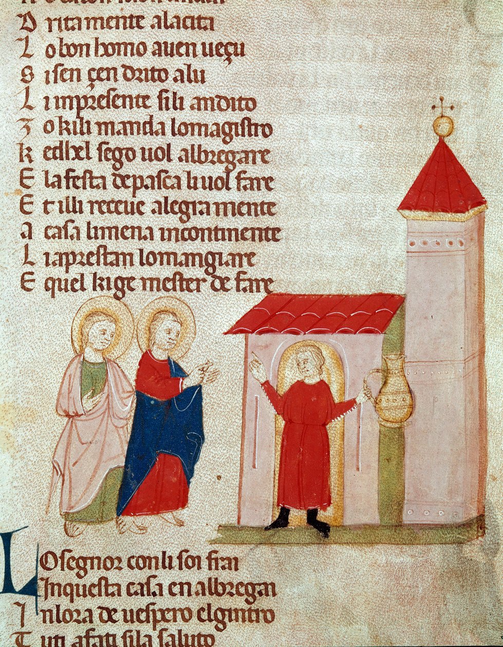 Josef och Maria söker asyl Miniatyr från "" Det nya och gamla testamentet"" av Pietro da Barsegape (1200-talet) 1300-talet Milano, Braidense bibliotek av Italian School