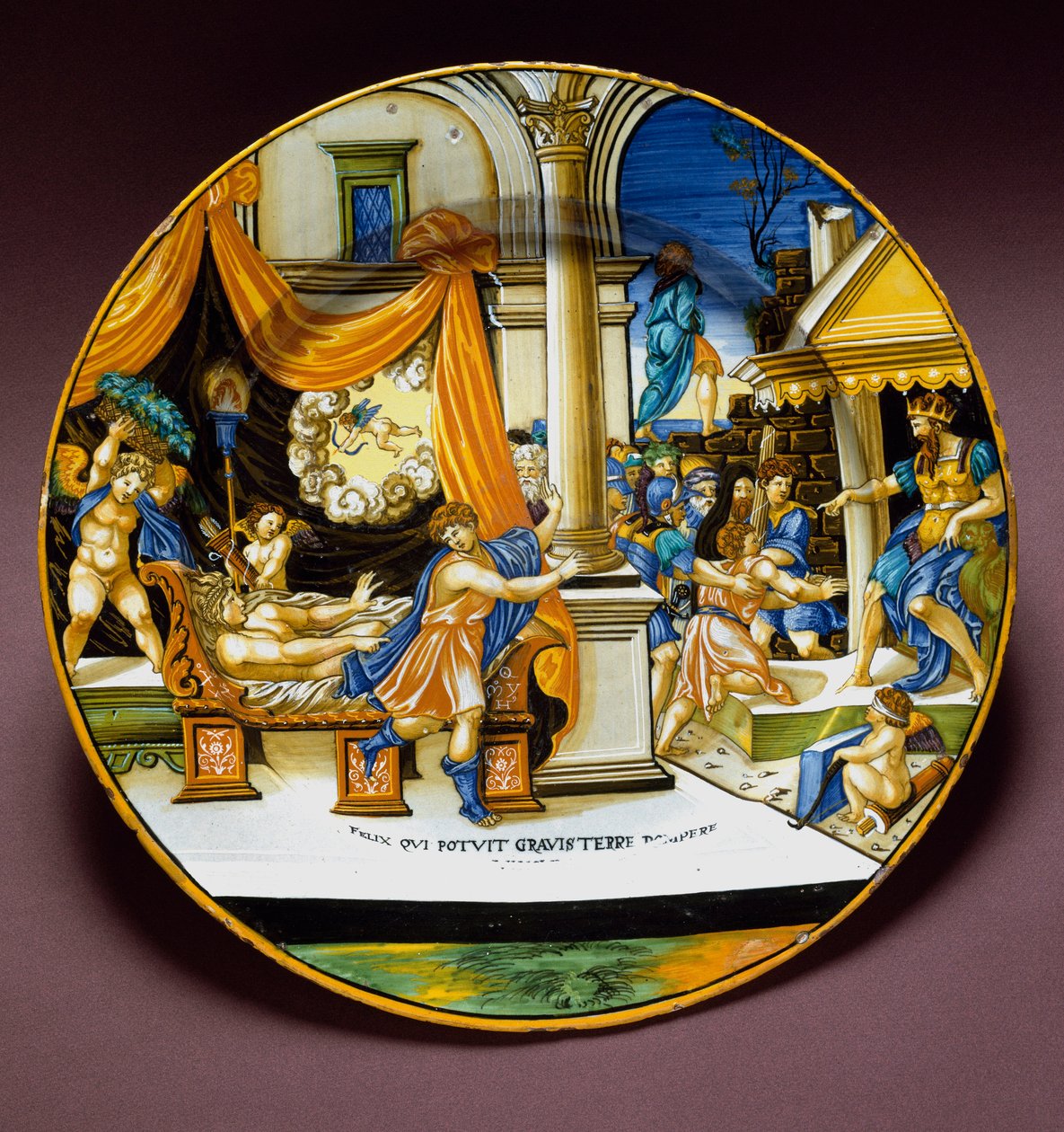 Josef och Putifars hustru Josef flyr från Putifars (Potifars) hustru och försöker förföra honom. Keramisk platta tillverkad i Urbino, Italien. 1537 runt Florens, Museo Nazionale del Bargello av Italian School