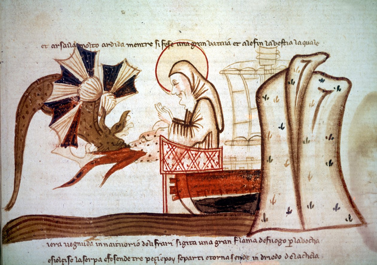 Journey of Saint Brandan - Möte av Saint Brendan (Brandan), munknavigatör från 600-talet med ett flygande marint monster. manuskript Venedig, 1300-talets andra hälft Paris, BNF, Manuskript, italienska 1708, f. 16 av Italian School