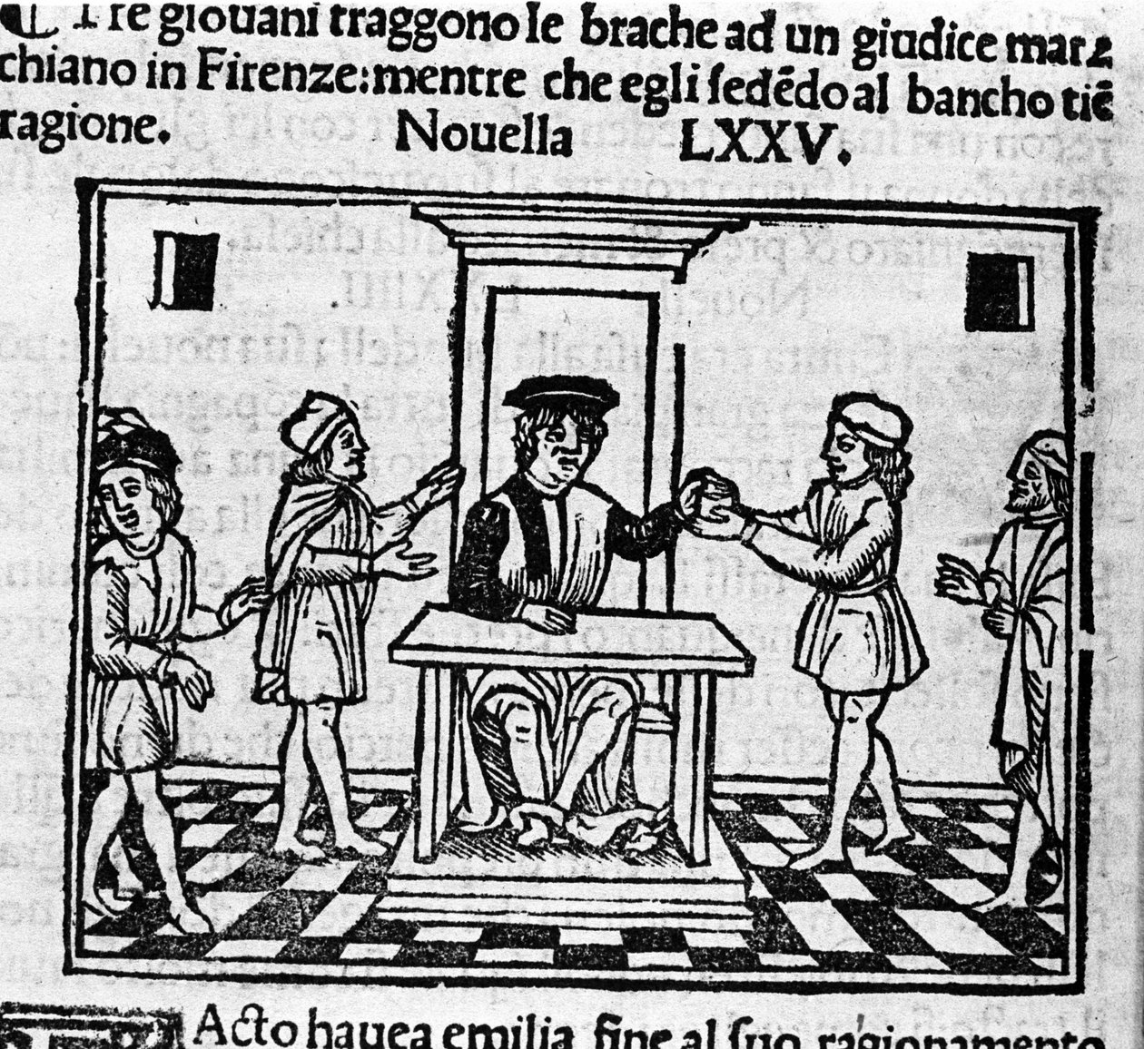 Domscen i Florens. Illustration för nyheterna 75 (ny 5 av den åttonde dagen) av "Decameron"" av Giovanni Boccaccio dit Jean Boccaccio (1313-1375), italiensk författare. Gravyr i "" Decamerone ouer Cento nouelle"" Venedig, Bartolomeo de 