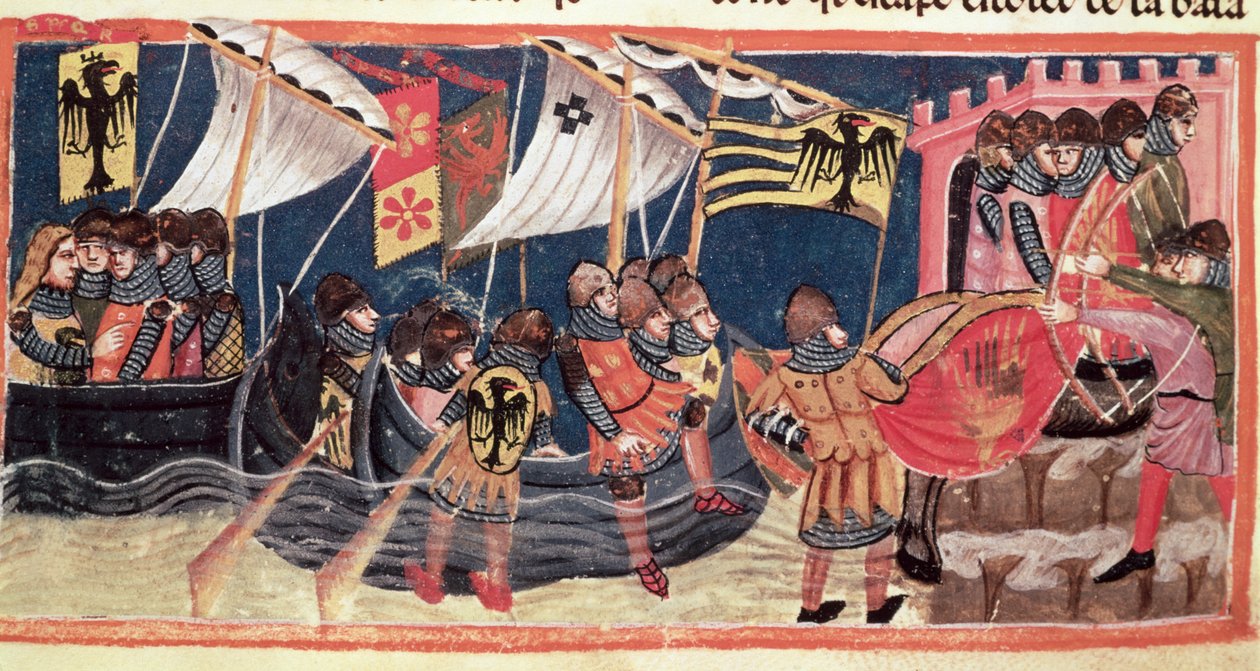 Julius Caesar (100-44 f.Kr.) landar i England, från Le Vite di Dodici Cesari av Gaius Suetonius Tranquillus (c.75-150) av Italian School