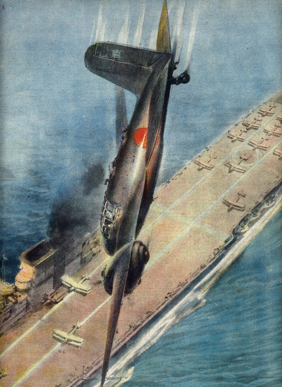 Kamikazeflygaren Abe attackerar ett brittiskt hangarfartyg, illustration från "La Domenica del Corriere", 5 november 1944 (tryck) av Italian School