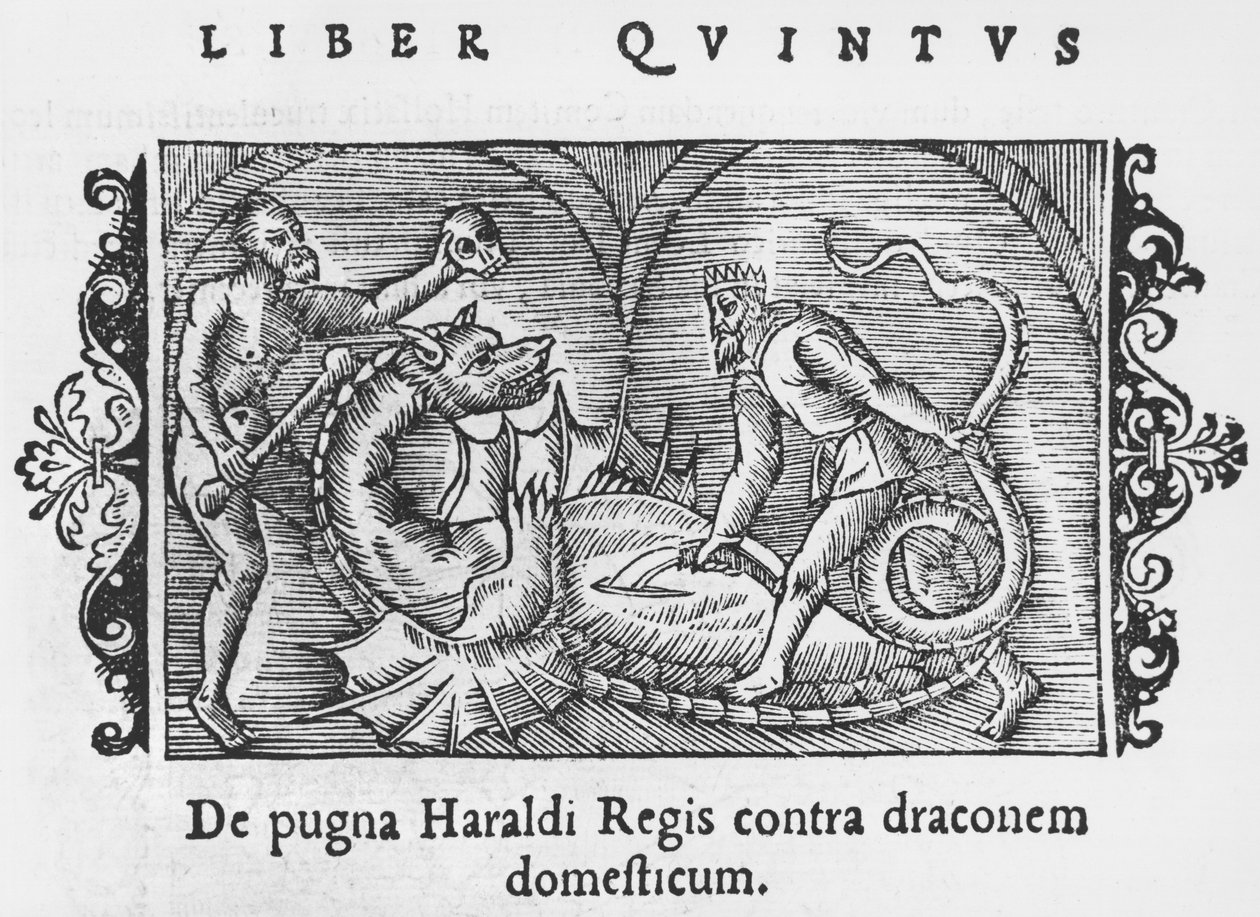 Kung Harald kämpar mot en drake, illustration från History of the Northern Nations av Olaus Magnus (1490-1558), publicerad i Rom, 1555 av Italian School