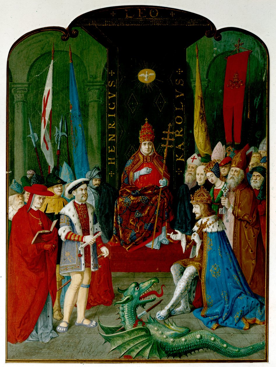 Kung Henrik VIII i tvist med kejsaren Karl V innan påven Leo X. Henrik håller en rulle, som kan vara tjuren från 1521 som ger honom titeln "Försvarare av tron" (bläck & akvarell på papper) av Italian School