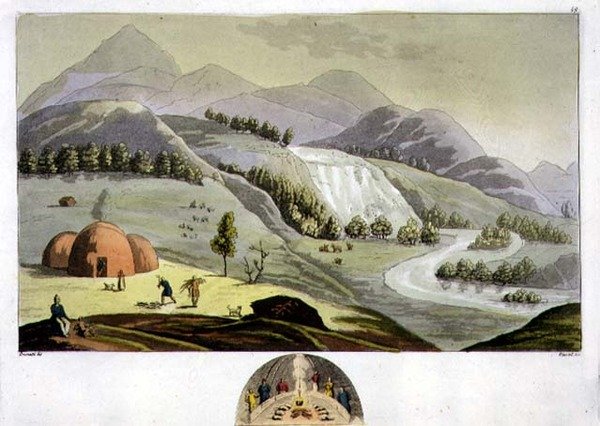 Lapplandskap med en fiskares bostad och ett tvärsnitt av den hyddan, skylt 49 från 