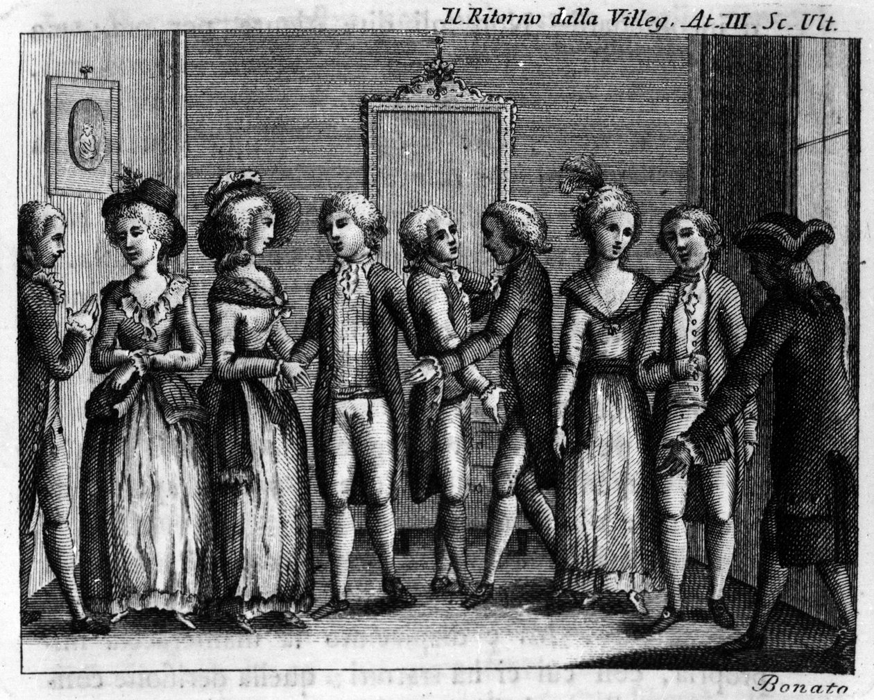 Sista scenen i akt III av det komiska stycket "" Ritorno della villeggiatura"" (Stadens återkomst) (1761) av Carlo Goldoni (1707-1793). Gravyr av 1700-talet. av Italian School