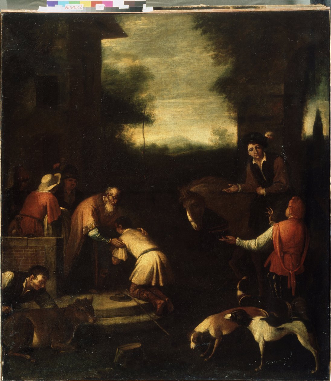 ""The Return of the Prodigal Son"" (Return of the Prodigal Son) Målning av den italienska skolan. 1600-talets statliga konstmuseum i Vitryska republiken, Minsk, Vitryssland av Italian School