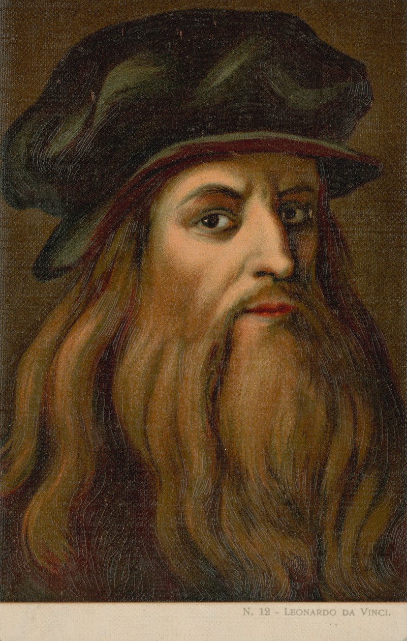 Leonardo da Vinci, italiensk konstnär och vetenskapsman (chromolitho) av Italian School