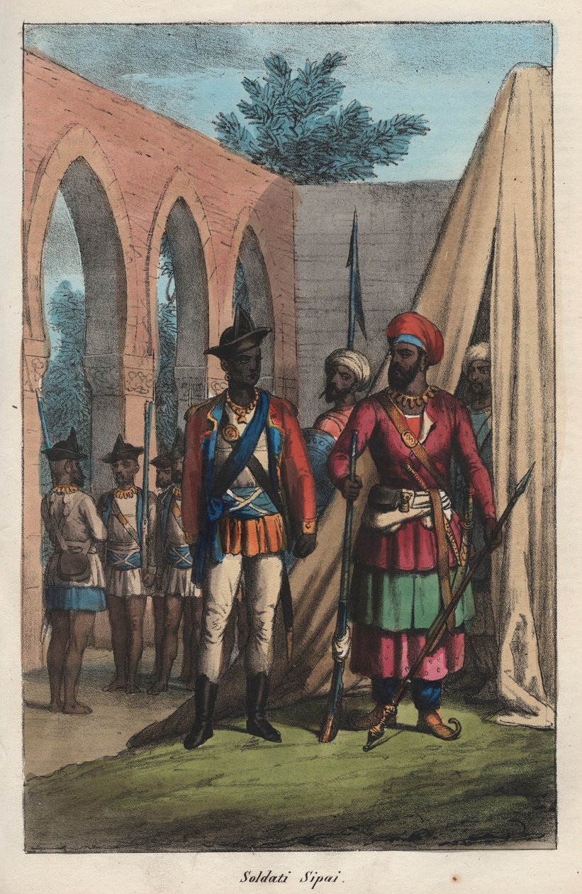 Les sepoys (cipaye, cipahi, cepoy, sipahi), armé sammansatt av indianer i tjänst för Ostindiska kompaniet - indisk sepoy (soldat) - gravyr från "Seder och seder hos alla folk i universum. Det är historien om regeringen, lagarna, milisen, d av Italian School