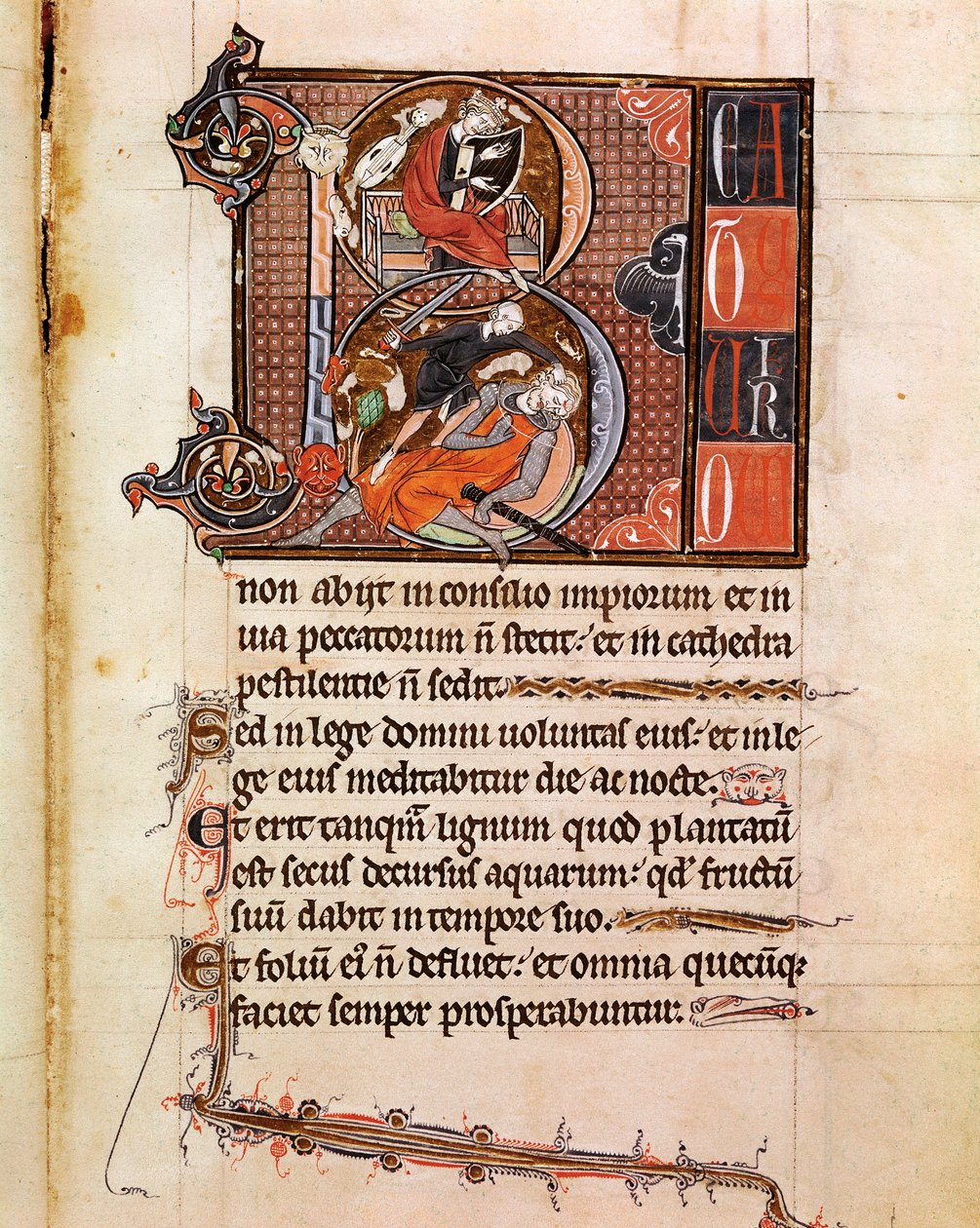 Lettrin B dekorerad av representationen av kung David som spelar pslaterion och som däckar Goliath Page från manuskriptet "" Psalterium Cum Calendario"" Padua från 1200-talet, seminariets bibliotek av Italian School