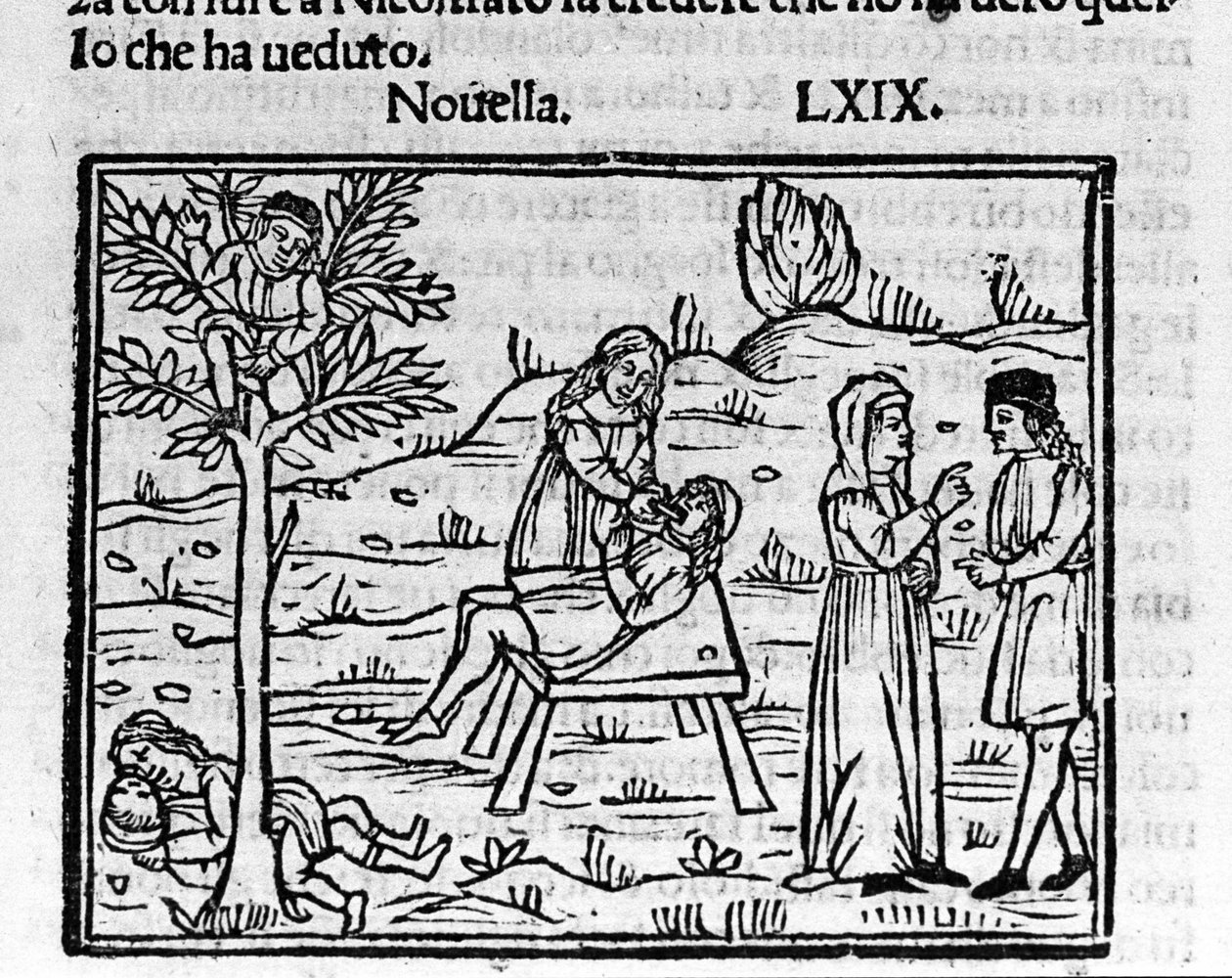 Lidia, en äktenskapsbrottsfru, överraskas av sin man i Pirros famn. Illustration för nyheterna 69 (ny 9 av den sjunde dagen) av "Decameron"" av Giovanni Boccaccio dit Jean Boccaccio (1313-1375), italiensk författare. Gravyr i "" Decamerone över Cento nr av Italian School
