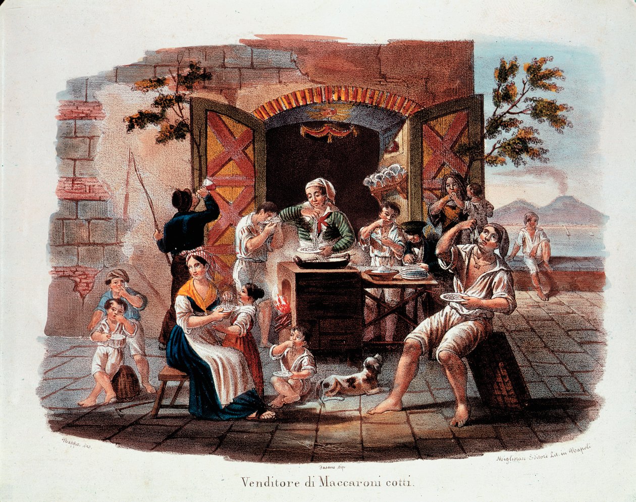 Little Napolitan metier: en säljare av kokta makaroner. I fjärran vesuven vid Neapelbukten. Litografi från 1800-talet. National Museum of Pasta, Agnesi Foundation, Rom av Italian School
