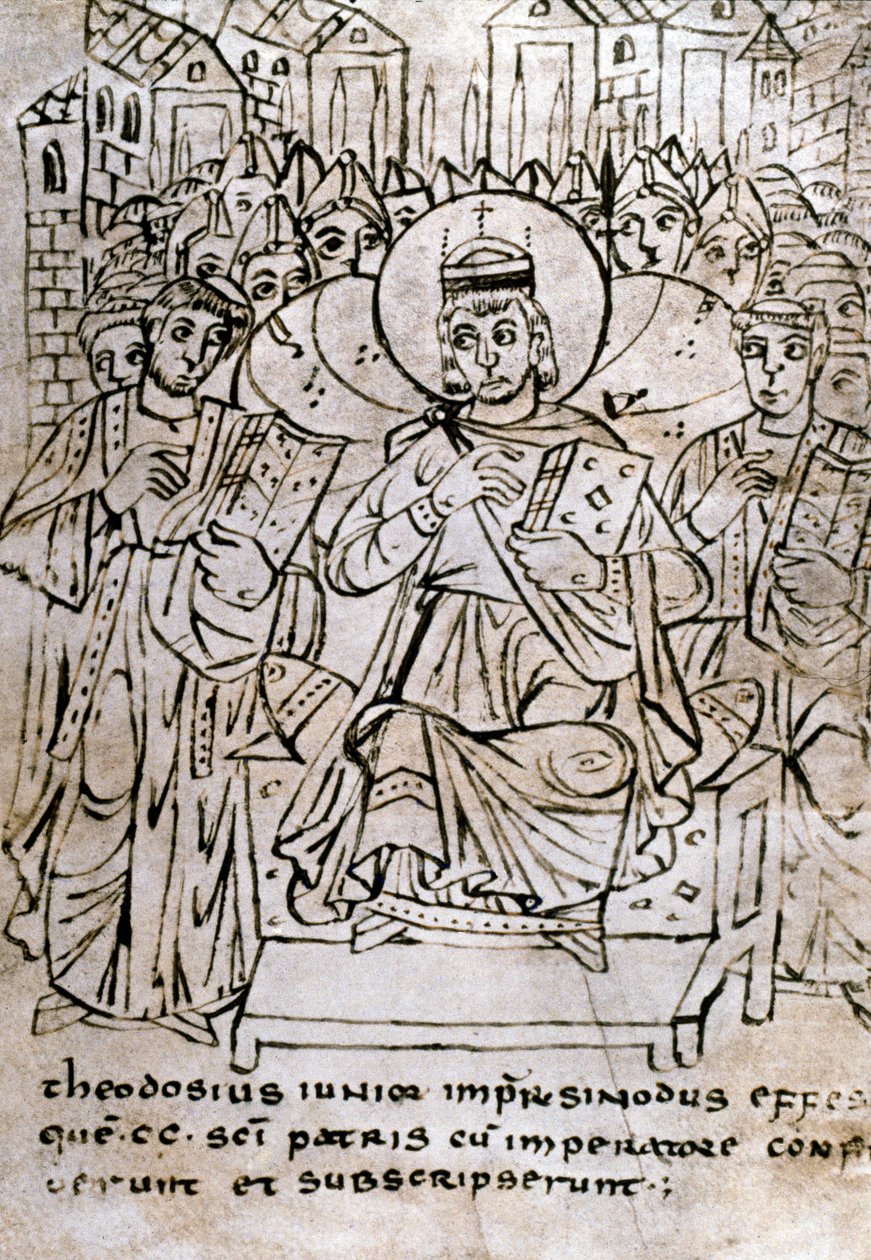 Lombardkonst: "" Kejsar Theodosius II (401-450), sonson till Theodosius I, vid konciliet i Efesos den 22/06/431, fördömande nestorianism (av patriarken Nestorius eller Nestorios)"" Teckning med penna på pergament hämtar från ett fördrag om kanoniska rättig av Italian School