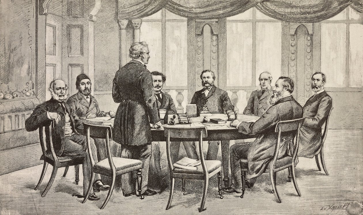 Londonkonferens om Egypten, Storbritannien: greve Munster, Musurus Pasha, Granville (stående), greve Nigra, Waddington, De Staal, Childers, greve Karolyi, gravyr från teckning av Edoardo Ximenes, från L