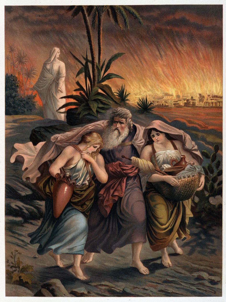 Loth undkommer Sodoms förstörelse med sina två döttrar och hans fru förvandlas till en staty av salt - i "Golden classic Bible: history of divine revelation in the ancient and in the new thesis" "av Giovanni Ladislao Sykora (vol. 1) , översätta av Italian School