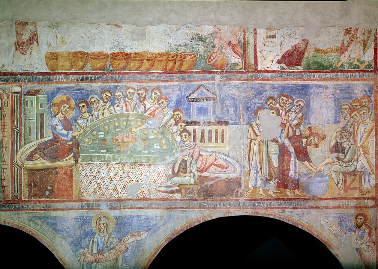 LtoR: Nattvarden och Kristus som tvättar lärjungarnas fötter, från mittskeppet, School of Monte Cassino av Italian School