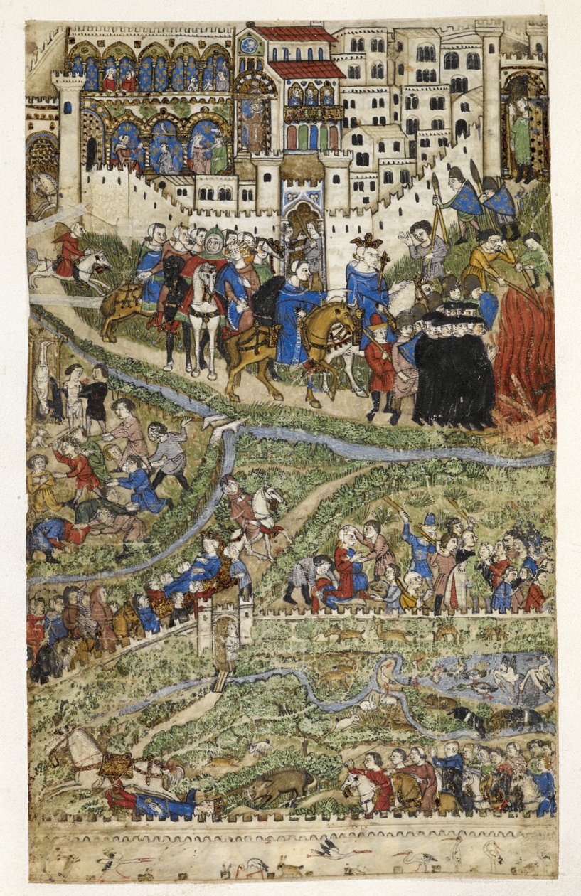 MS Add.27695 fol.6v Förstörelsen av tempelriddare och döden av kung Filip IV (1268-1314) av Frankrike, illustration från 