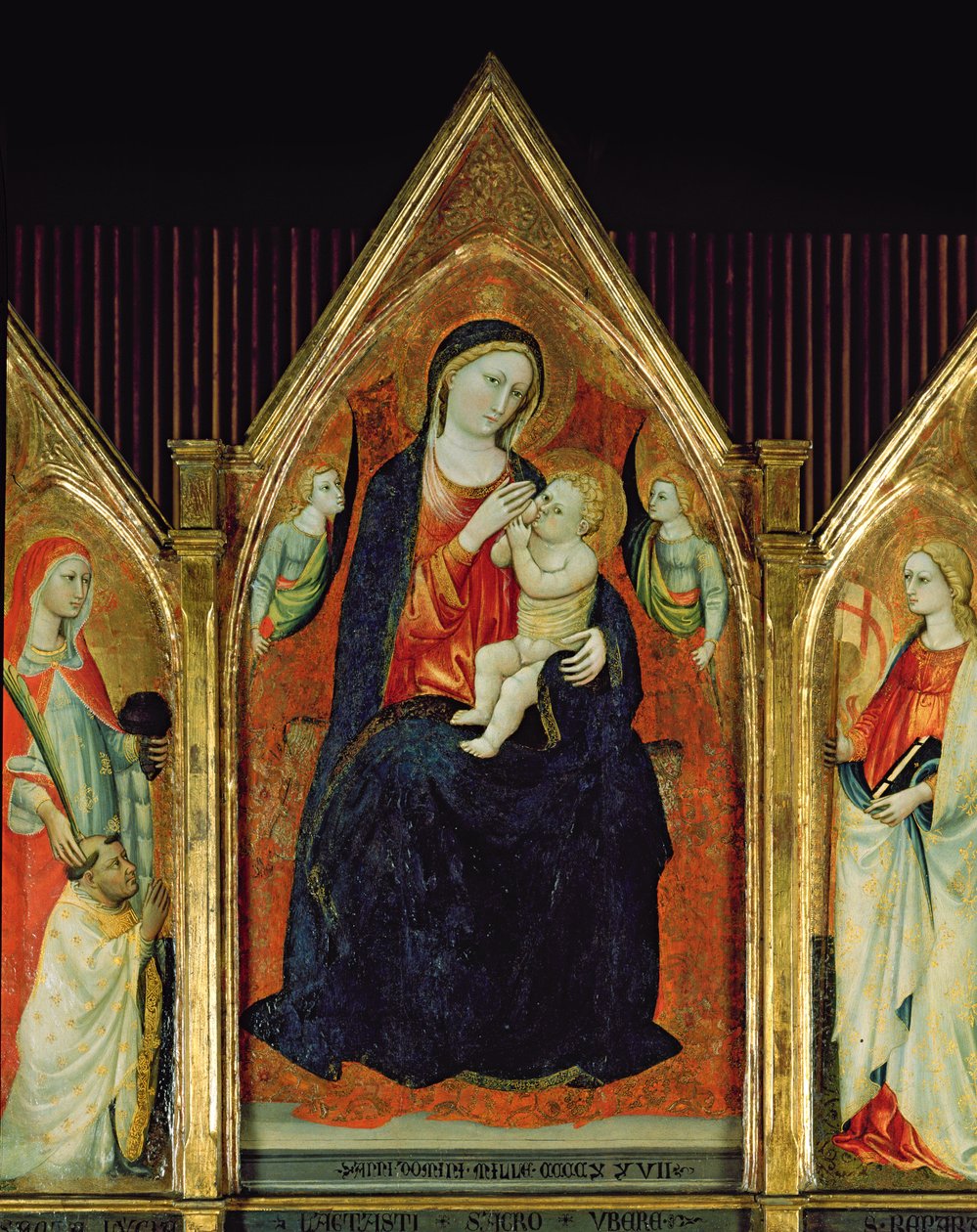 Madonna nursing the Christ Child med helgon (tempera på trä) (detalj av 254064) av Italian School
