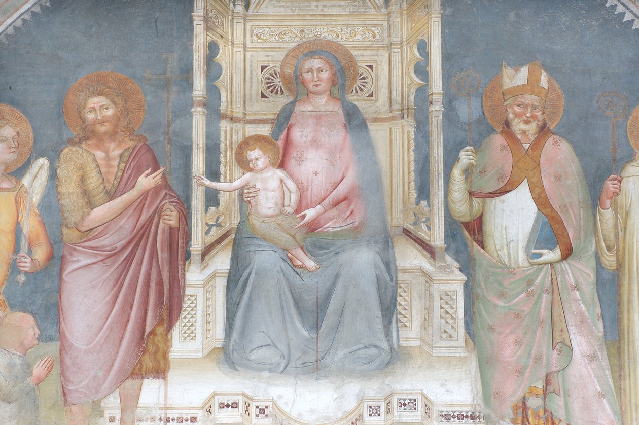 Madonna och barn, Ängel Gabriel, Johannes Döparen, Sankt Ambrosius, Sankt Bernard av Italian School