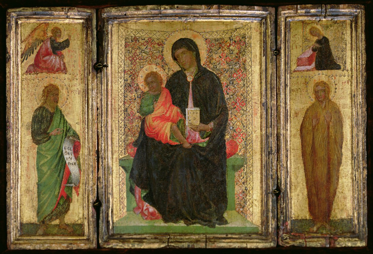 Madonna och barnet tronade med (L-R) Johannes Döparen med bebådelsens ängel ovan och St. Maria Magdalena med Jungfrubebådelsen ovan, c.1360-70 (tempera på panel) av Italian School