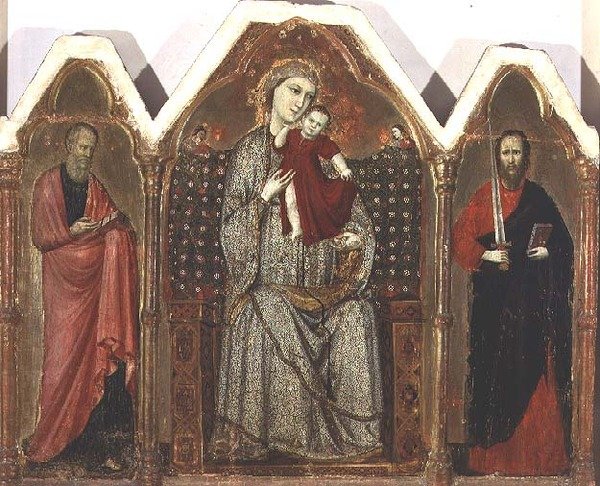 Madonna och Child Enthroned, med SS. Johannes evangelisten och Paulus, Riminesiska skolan (triptykpanel) av Italian School