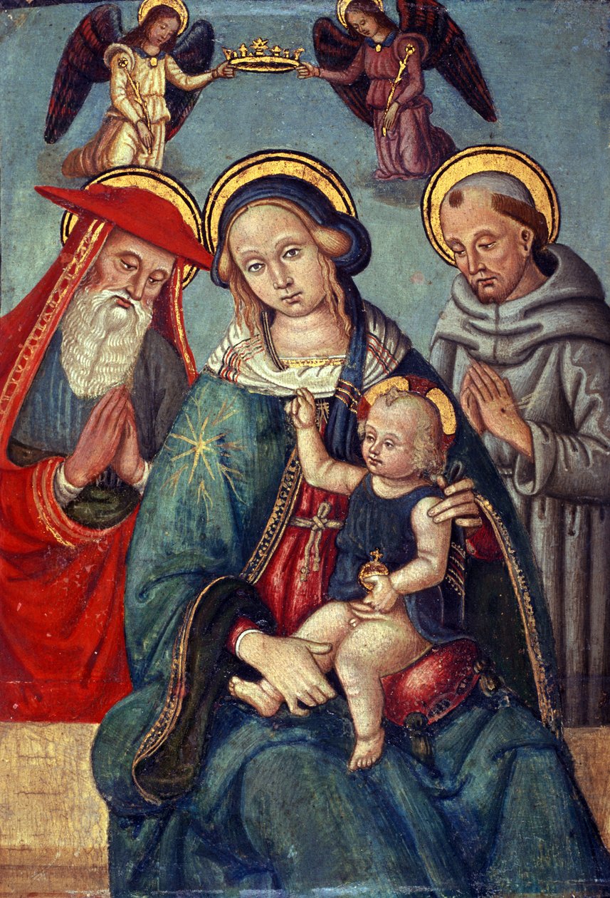 Madonna och barn kröns av två änglar, med St. Hieronymus och St. Franciskus, ca 1500 (tempera på poppelträ) av Italian School