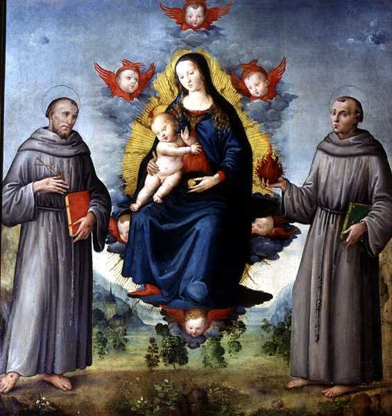 Madonna och barn, flankerad av SS Francis av Assisi och Anthony av Padova (tempera på panel) av Italian School