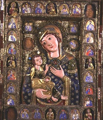 Madonna och barn med evangelister och profeter, centralpanel i triptyk (trä, silverfiligran och emalj) (detalj från 76918) av Italian School
