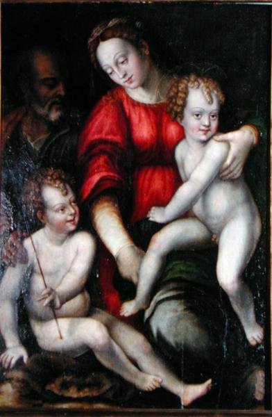 Madonna og barn med St. Johannes Døberen (olie på panel) swed av Italian School