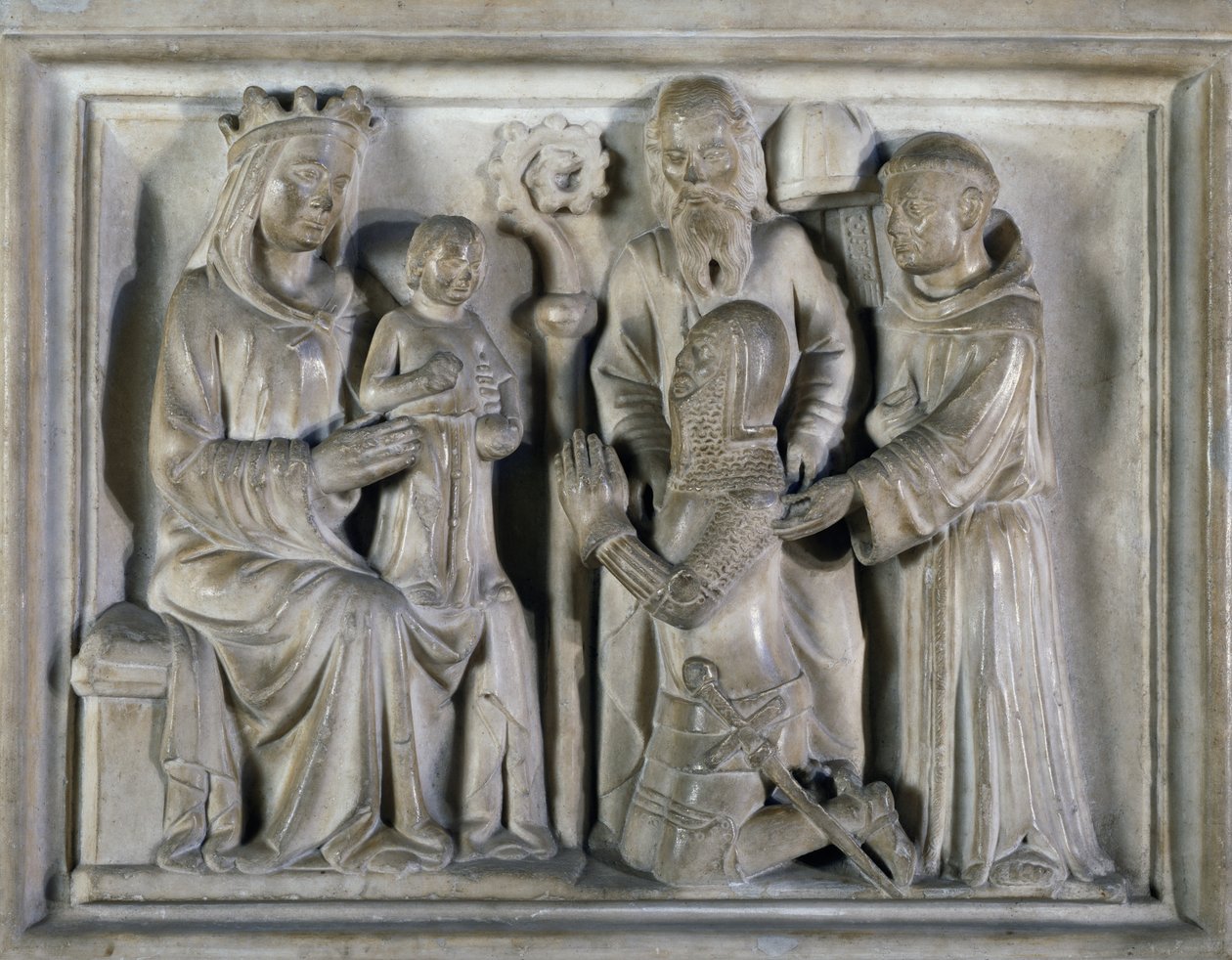 Madonna och barn, med en krigare och helgon, relief skapad av The Masters of Campione. Italien av Italian School