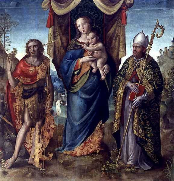 Madonna och barn med helgon (olja på panel) av Italian School