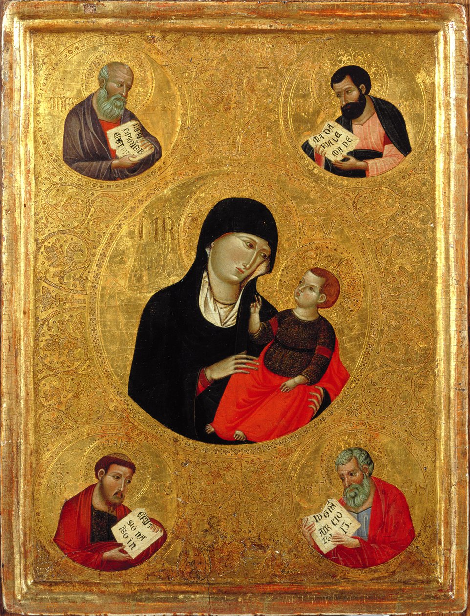Madonna och barn med de fyra evangelisterna (tempera och bladguld på panel) av Italian School