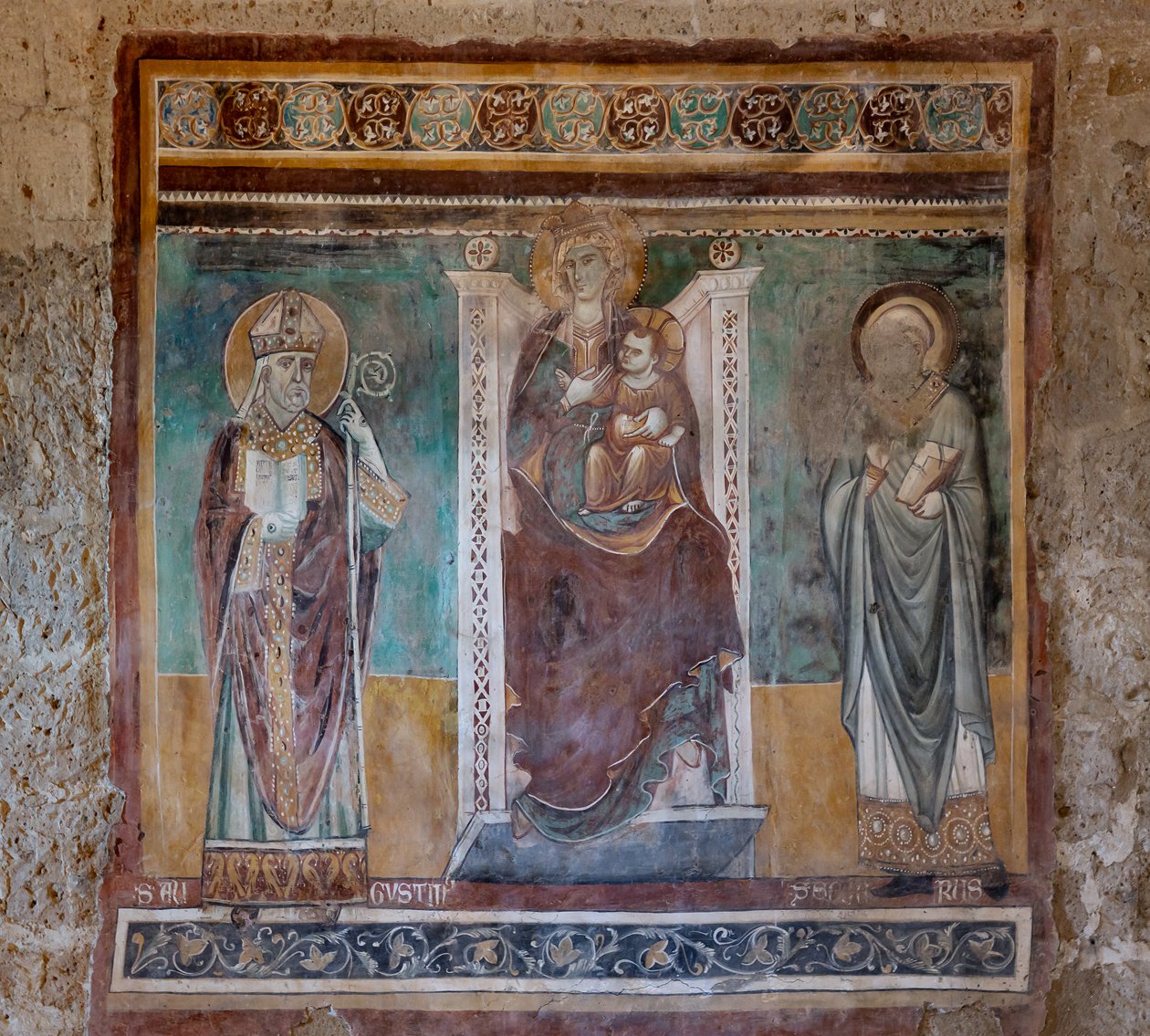 Madonna tronade med de heliga Augustinus och Severus, Oratory of the Crucifix, sista fjärdedelen av XIII-talet (fresk) av Italian School