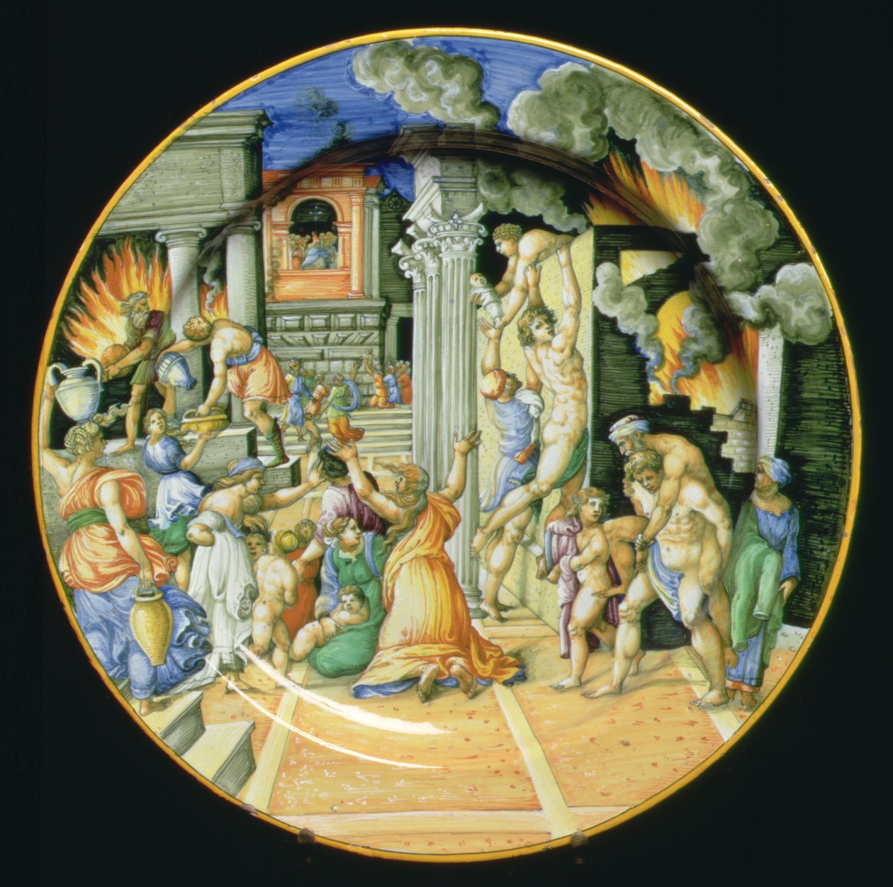 Maiolica-tavla som föreställer bränningen av Troja med Aeneas som bär sin far Anchises på ryggen med sin son Ascanius vid sin sida, italienska av Italian School