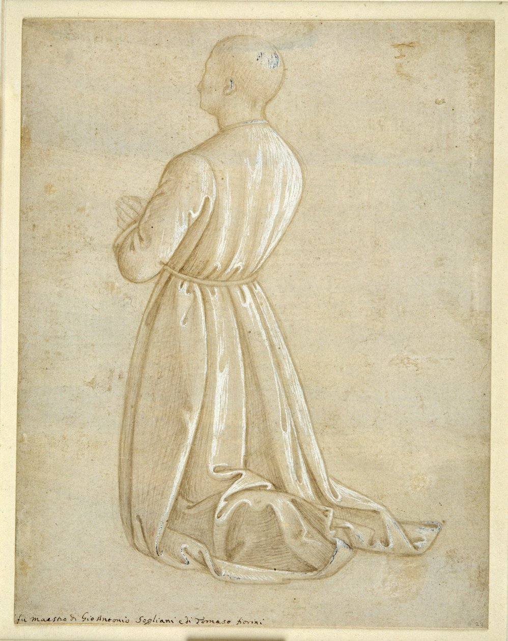 Man som knäböjer i bön, sett bakifrån (metalpoint med gouache på papper) av Italian School