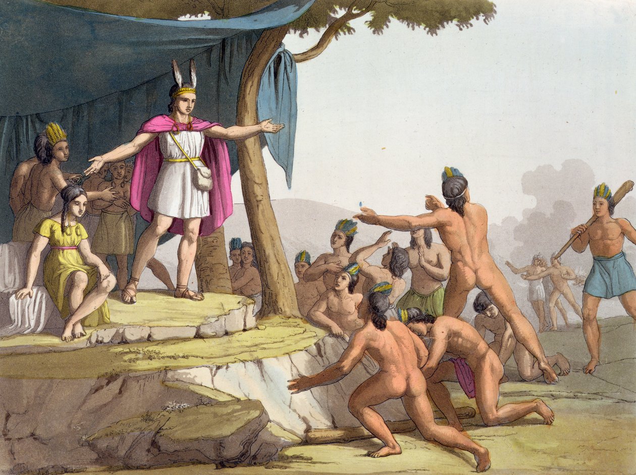 Manco Capac och drottning Mama Ocllo samlar vildarna, ca 1820 av Italian School